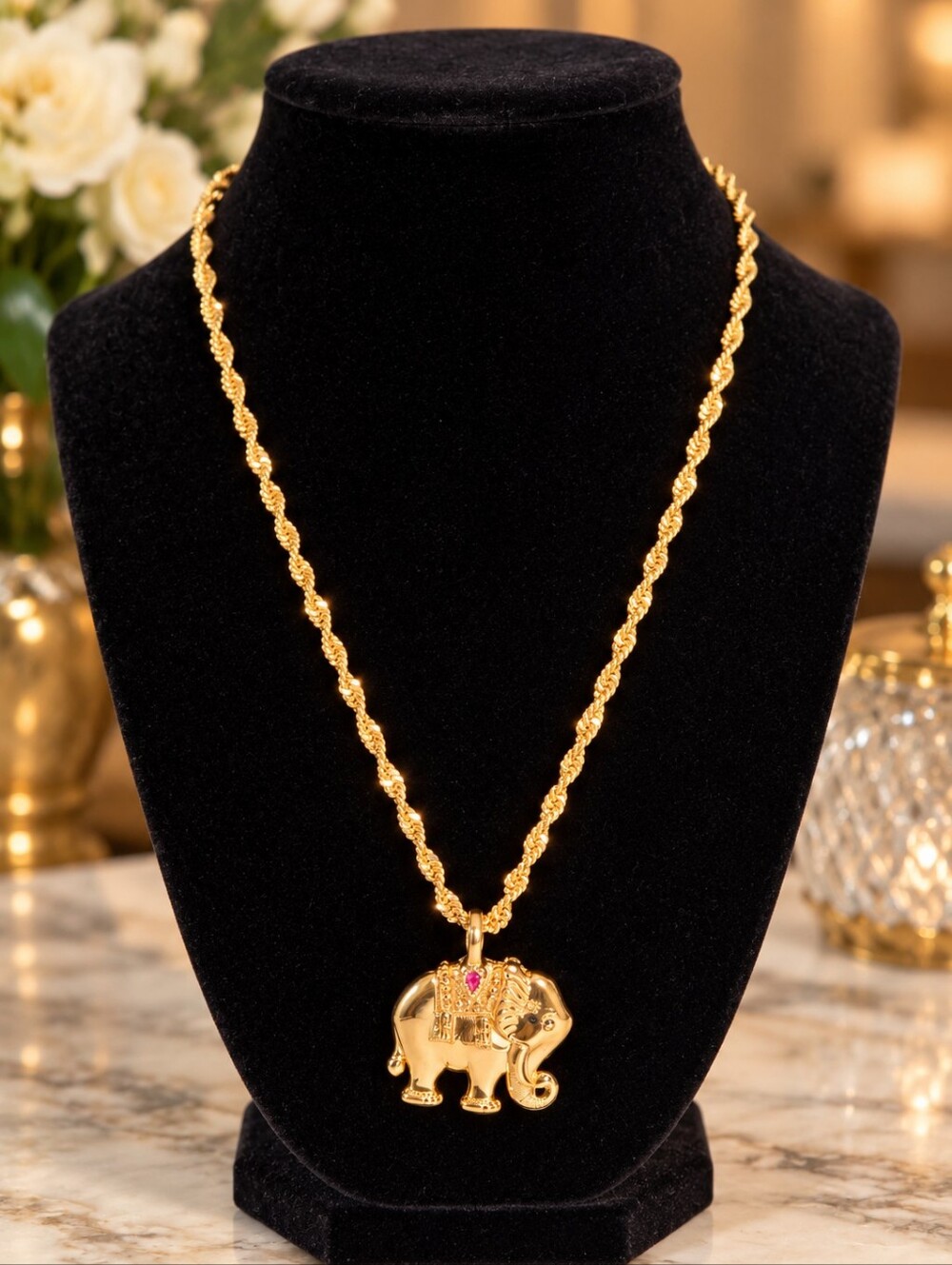 Gold-Tone Elephant Pendant Necklace – Detailed Statement Jewelry
